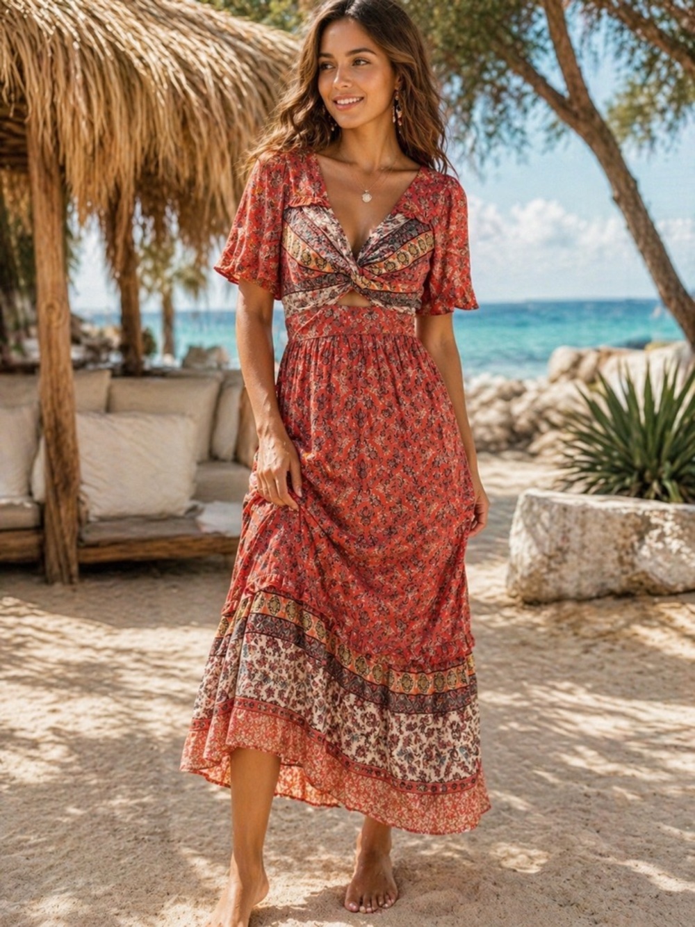 Angie Boho Floral & Paisley Twist Front Cutout Dress 🌺